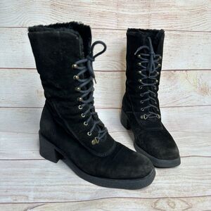 Aquatalia Marvin K Italy Black Suede Chunky Block Heel Combat Boots Women's 8